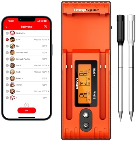 ThermoPro TempSpike Wireless Meat Thermometer with 2 Meat Probes, 500FT Bluetooth Food Thermometer for Cooking with LCD-Enhanced Booster for Turkey Beef Rotisserie BBQ Grill Oven Smoker Thermometer