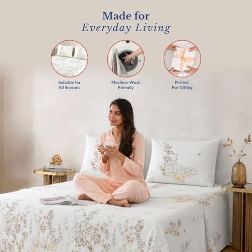 Image of Jaipur Weaves Double Bed Cotton Bedsheet Queen Size 90x108, 100% Pure Cotton Bed Sheet with 2 Pillow Covers, 240 TC Soft Breathable Floral Design - (Brown, Queen)
