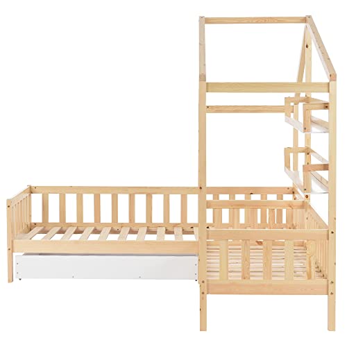 Miniatura 7 de Idemon Cama Infantil Con Cajones Y Estantes, Madera Maciza Con Valla Y Somier, Estructura En L, Natural 90 X 200 Cm 140 X 70 Cm