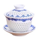 Hoobar Kung-fu Tea Cup with Lid Saucer Ceramic Pot Hollowing Out Gaiwan (Blue and white)