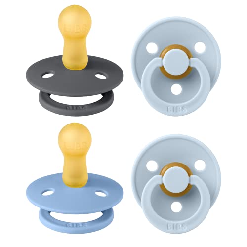 Image of BIBS Pacifiers - Colour 4 Pack | Round Nipple Baby Pacifier | BPA Free Natural Rubber Latex Soother | Made in Denmark | Size 6-18 Months | Blue Colors