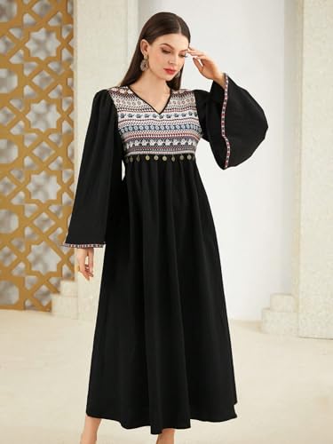 Tadkee Women's Geometric Pattern V-Neck Bell Sleeve One Piece Dress (Fn-V-Flared-One-Piece-126-Black-Xl)