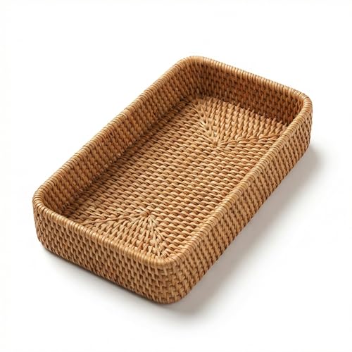 9.8" x 5.3" Rattan Tray, Wicker Decorative Tray, Woven Tray Rectangular, Natural Vanity Tray, Catchall Organizer Storage for Bathroom Kitchen Counter Entryway Coffee Bar Nightstand (Rectangular S)