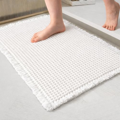 Jyswx Waffle Bath Mat – Quick Dry Non Slip Bathroom Mat, Soft Absorbent Anti-Mould Bathmat for Shower Floor, Washable Cotton Bath Rug, White, 40 x 60 cm