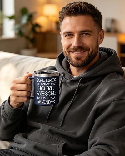 avodvo Inspirational Coffee Mug for Men, 12oz Insulated Stainless Steel Mug with Handle & 2 Lids – Sometimes You Forget You’re Awesome, Birthday & Appreciation Gift for Dad, Husband, Him, Navy Blue — view 6