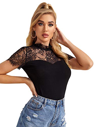 Romwe Women's Lace Short Sleeve Mock Neck Keyhole Back Slim Fit Blouse Tops Black L #TOP3