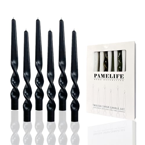 PAMELIFE Twisted Taper Candles, 6 Pack 9.5 Inch Black Spiral Design Decorative Set...