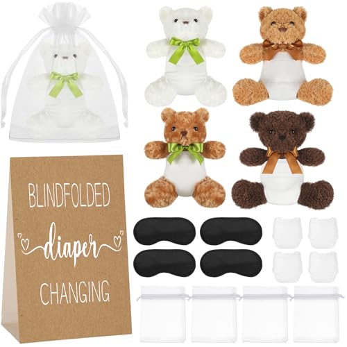 Chicingyou 4 Set Bear Blindfolded Diaper Changing Baby Shower Games with Blindfold Changing 12 Inch Bear Dolls Diapers Gift Bags for Baby Shower Gender Reveal Raffle Party Game