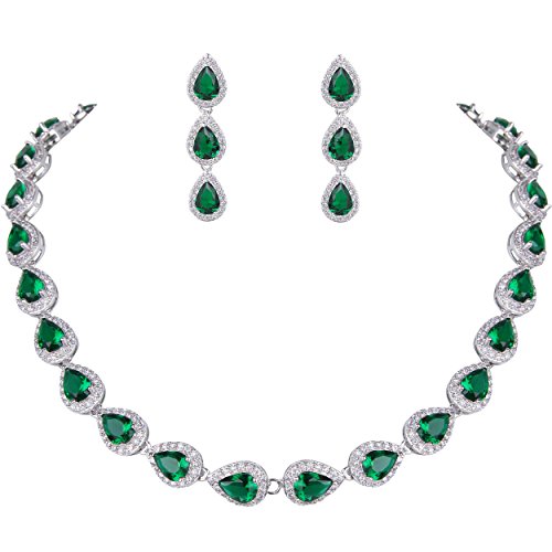 EVER FAITH Women's Full CZ Elegant Teardrop Banquet Prom Necklace Earrings Set Green Silver-Tone