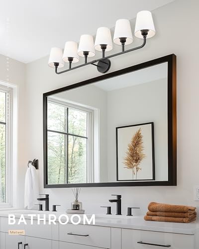 Image of Bathroom Light Fixtures, 42 Inch Matte Black Vanity Lights with Flared White Fabric Shade, 6-Light Wall Sconce, Modern Sconces Wall Lighting for Hallway Bedroom, VL837-MB-6