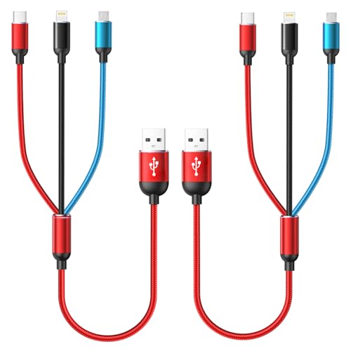 Short Multi Charging Cable, 1FT 2Pack Fast Multiple USB Cable 3 in 1 Charging Cable Universal Multi Charging Cord with IP, Type-C, Micro USB Connectors for Cell Phone Tablets,Samsung and More