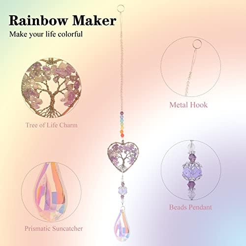 Amethyst Healing Crystal Stone Sun Catchers for Windows, Tree of Life Tandem Natural Quartz Gemstone Pendant Rainbow Maker Suncatcher, Spiritual Gifts for Women