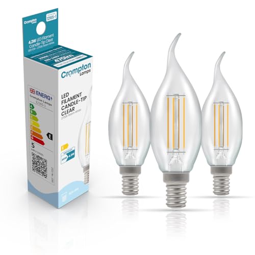 Crompton Lamps Bent-Tip Candle LED Light Bulb SES-E14 | 4.2W = 40W Equivalent | Warm White 2700K | Flame Tip | Small Screw Lightbulb | Long Life 10,000-Hrs | Clear Glass | Dimmable | 3-Pack
