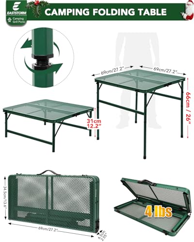 Square Folding Card Table with Adjustable Height (12" & 26"), Green Portable Metal Mesh Table for Camping, BBQ, Picnic, Game, Patio & Indoor Use, Fits 2–4 People, Lightweight 7.6 lb, Supports 66 lb - Thumbnail 3