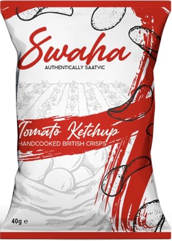 Swaha Crisps Tomato Ketchup 24 Packs X 40g - Pure Saatvic - Traditional Hand-Cooked Crisps from UK - All-Natural, Gluten-Free Snack - 100% British Potatoes - Onion & Garlic Free
