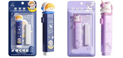 Image of Parshya Push Pull Eraser Set with Refills, Cute Space Travel & Unicoorn Retractable Stick Eraser Pen, Dust-Free School Supplies Stationery for Kids
