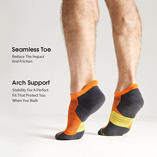 Celersport 6 Pack Men's Running Ankle Socks With Cushion, Low Cut Athletic Tab Socks, Orange, Large #TOP4