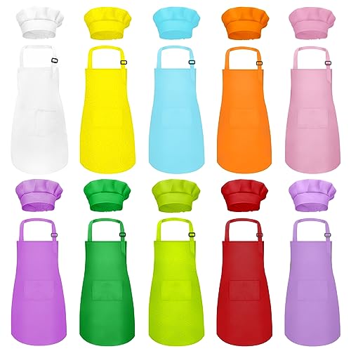 MEOGETY Kids Apron and Chef Hat Set Bulk Children’s Bib with 2 Pockets Adjustable for Boys Girl's Cooking Baking Painting for Age 6-13 Years