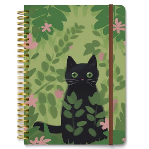 Hnogri Spiral Journal Notebook, Hardcover Lined Journal for Women, Medium 6 x 8.4 in, 160 Pages Thick Paper, Cute A5 College Ruled Notebooks for Journaling Writing Work Office School, Black Cat