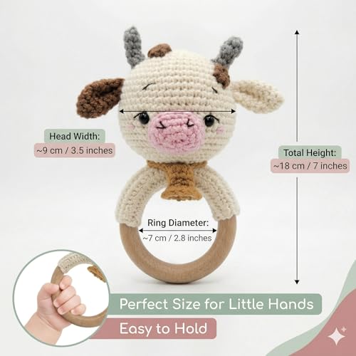 Image of Crochet Baby Teether Cow - Soft Handmade Cotton Rattle Toy with Wooden Ring for Infants - Cow 1 PCS