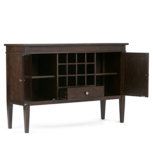 Simplihome Carlton Solid Pine Wood 54 Inch Transitional Sideboard Buffet Credenza In Dark Tobacco Brown Features 2 Doors, 1 Drawers And 2 Cabinets With 12 Bottle Wine Storage Rack #TOP2
