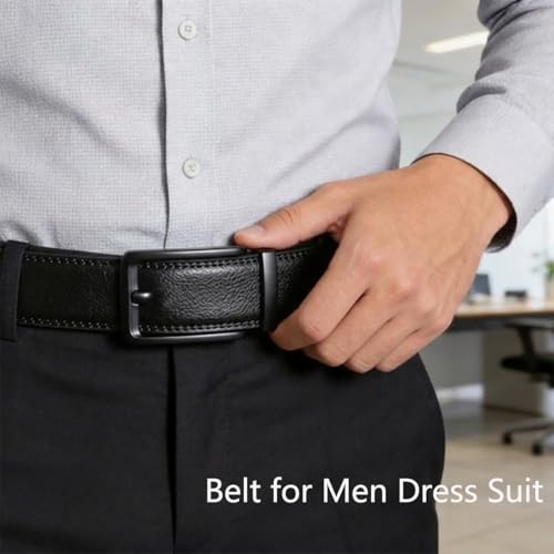 Image of JINIU Men's Ratchet Belt Buckle, Black Genuine Leather Slide Belt for Men Dress Suit, Micro Adjustable Trim to Fit Boxed