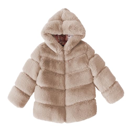 AMhomely Faux Fur Jacket Kids-Fluffy Hooded Jacket Girls-Shaggy Fur Coat,Thick Furry,Warm,Long Sleeve,Solid,Windproof,Winter Coats for Children 3-14 Years Party A Beige 9-10 Years
