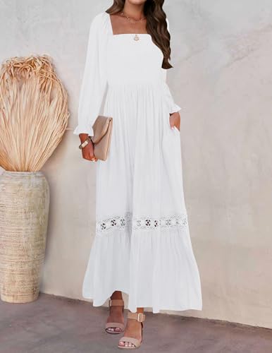 ZESICA Women's 2025 Boho Long Sleeve Square Neck Smocked High Waist Flowy A Line Lace Trim Maxi Dress - Image 3