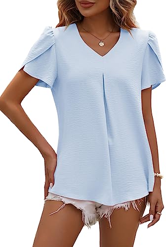 LEKOPUR Bluse Damen Sommer Kurzarm Tunika V-Ausschnitt Shirt Einfarbig Chiffon Oberteile Frühling Elegant Sommerblusen Casual Blusenshirt Tshirt Top...