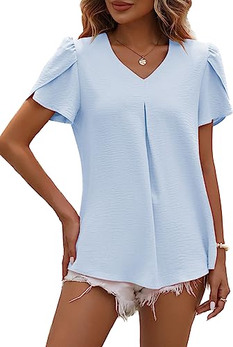 LEKOPUR Bluse Damen Sommer Kurzarm Tunika V-Ausschnitt Shirt Einfarbig Chiffon Oberteile Frühling Elegant Sommerblusen Casual Blusenshirt Tshirt Top Hellblau