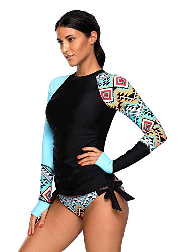 AlvaQ Womens Juniors Rash Guard Swimwear Plu Size Long Sleeve Athletic Surfing Two Piece Tankini Swimsuits 2X Blue