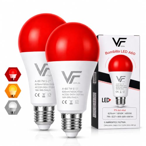 VERLSA Pack 2 Bombilla Led 3 Tonalidades - E27-7w - Luz Roja Nocturna Melatonina 625nm, Ámbar 1600k y Blanca 4000k - 0% Luz Azul - Bombilla Roja Flicker Free - Relajante, Regalo Para Bebé y Adultos