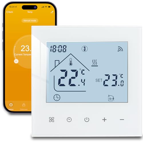 Beok Thermostat Connecté WiFi Thermostat d'Ambiance Intelligent pour Chauffage au Sol Électrique Thermostats Programmable sans Fil avec Capteur Externe Compatible Alexa Google Home 16A,Blanc