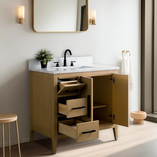 Vanity Art 36 inch Bathroom Vanity with Single Sink & Ceramic Top, Vanity Cabinet with Soft-Closing Doors, Drawers, Solid Wood Frame, Natural Oak,VA9036-NO-GB1