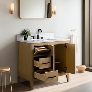 Vanity Art 36 inch Bathroom Vanity with Single Sink Ceramic Top Vanity Cabinet with Soft Closing Doors Drawers Solid Wood Frame Natural OakVA9036 NO GB1