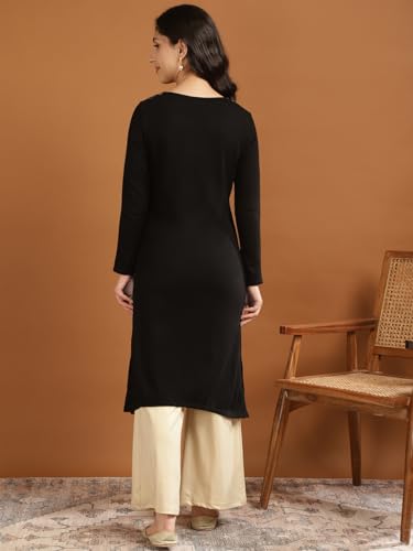 Image of rangita Black Acrylic Calf Length Printed Straight Kurti for Women | Kurta for Women