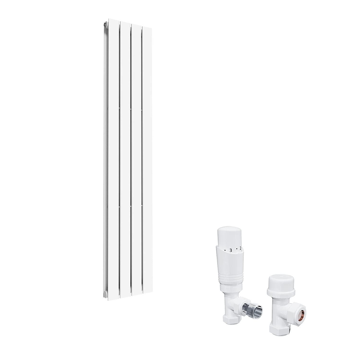 ELEGANT Modern Vertical Radiator Double Designer White Tall Upright Radiators Central Heating Wall Panel 1600 x 300 mm with White Thermostatic Valves Set
