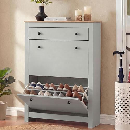 Blisswood Shoe Cabinet Wooden Shoe Storage Unit with 2 Flip Drawers & 1 Open Drawer Freestanding Shoe Rack Organiser Adjustable Shelves Cupboard for Entryway Footwear Stand Hallway Furniture_Grey