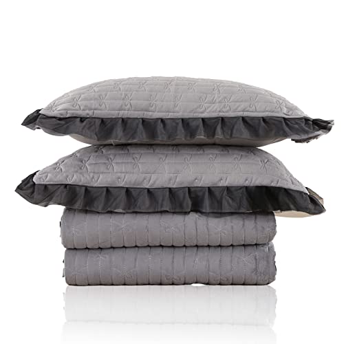 Qucover Gray Velvet Bedspread Quilt Set, Luxury Velvet Quilted Coverlet Queen Size With Black Lace Ruffle, 3-Piece Soft Velvet Bedding Set With Pillow Shams, Decorative Queen Size Bed Coverlet Set #TOP5