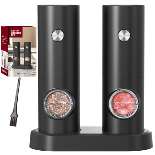 CIRCLE JOY Electric Salt and Pepper Grinder Set, Battery Operated Pepper Mill Grinder with Base, Adjustable Coarseness and Automatic Single Hand Operation, Black