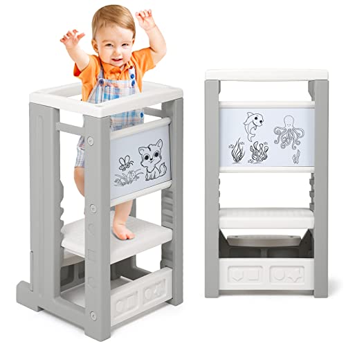 Toddler Tower Toddler Step Stool with 4 Adjustable Heights, Toddler Kitchen Stool Helper with Safety Rail, Learning Tower for Toddlers Kids with Whiteboard, 1-6 Year Old Boy Girl -  RONIPIC