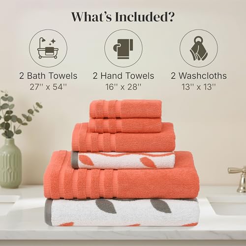 Image of Modern Threads 6 Piece Bath Towel Set - Bathroom Set with 2 Bath Towels, 2 Hand Towels, and 2 Wash Cloths - 100% Cotton, Super Absorbent & Extra Soft - Reversible Natural Vine (Rust Orange)