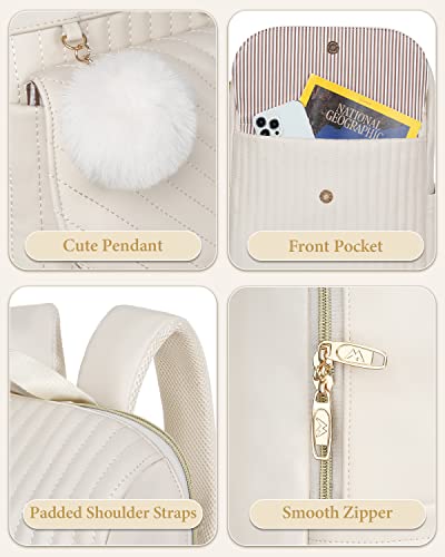 Quilted Laptop Backpack For Women, 15.6 Inch Convertible Soft Leather Backpack Purses Fashion Water Resistant Shoulder Bag, Anti-Theft Travel Bookbag Girls Cute Handbag For Work College School, Beige #TOP4