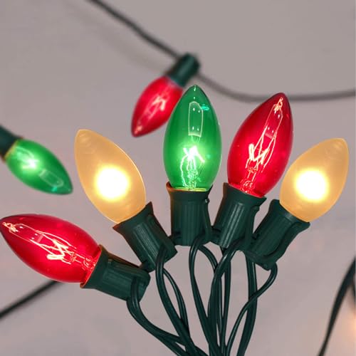 Image of C9 Red White and Green Christmas Lights Outdoor, 25FT Vintage Christmas Tree Light with 26 C9 Clear Multicolor Bulbs, Hanging Outdoor Christmas Lights for Holiday Roofline Patio Garden Party Decor