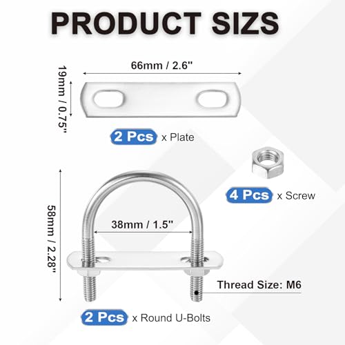Image of PATIKIL Round U-Bolts, 2 Pcs 1.5 inch(38mm) Inner Width 58mm Length M6 with Nut Plate Washer 304 Stainless Steel Round Bend U-Bolts for Boat Trailer Axle Sailboat