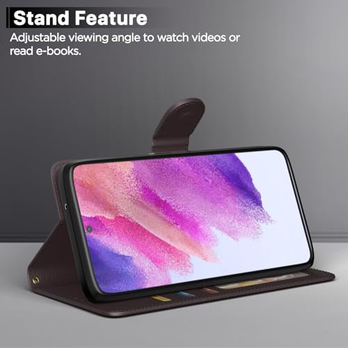 Image of Amazon Basics Flip Cover for Samsung Galaxy S21 FE 5G Leather Finish | Wallet Stand and Shock Proof | Inside TPU with Card Pockets | Complete Protection Flip Case (Coffee)