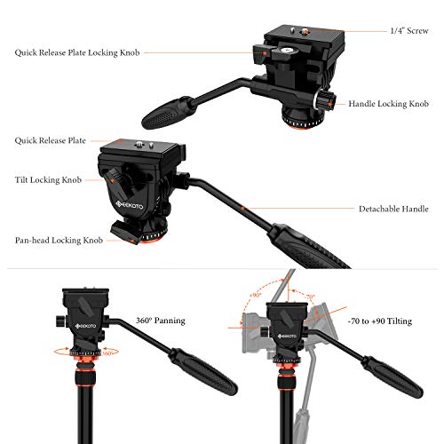 Geekoto Video Tripod Fluid Head,Professional Camera Tripod For Dslr,Monopod Aluminum 77" For Video Camcorder Canon Nikon Sony With 1/4" Screws Fluid Drag Pan Head,Load Capacity Up To 20 Pounds #TOP2