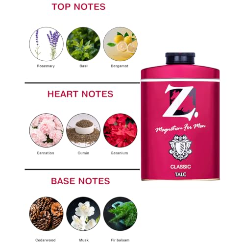 Z magnetism for men Z Magnetism Classic Deodorizing Talcum Powder for Men | Signature Woody & Musky Fragrance | Fights Body Odor & Ensures Long Lasting Freshness | Suitable for All Skin Types - 250g