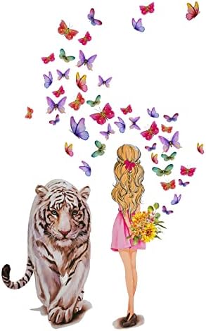 Pinenjoy Tiger and Little Girl Wall Decal Colorful Butterfly Wall Sticker Removable Self-Adhesive Vinyl Animal Wall Mural for Nursery Classroom Living Room Bedroom Wall Decoration