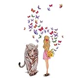 Pinenjoy Tiger and Little Girl Wall Decal Colorful Butterfly Wall Sticker Removable Self-Adhesive Vi